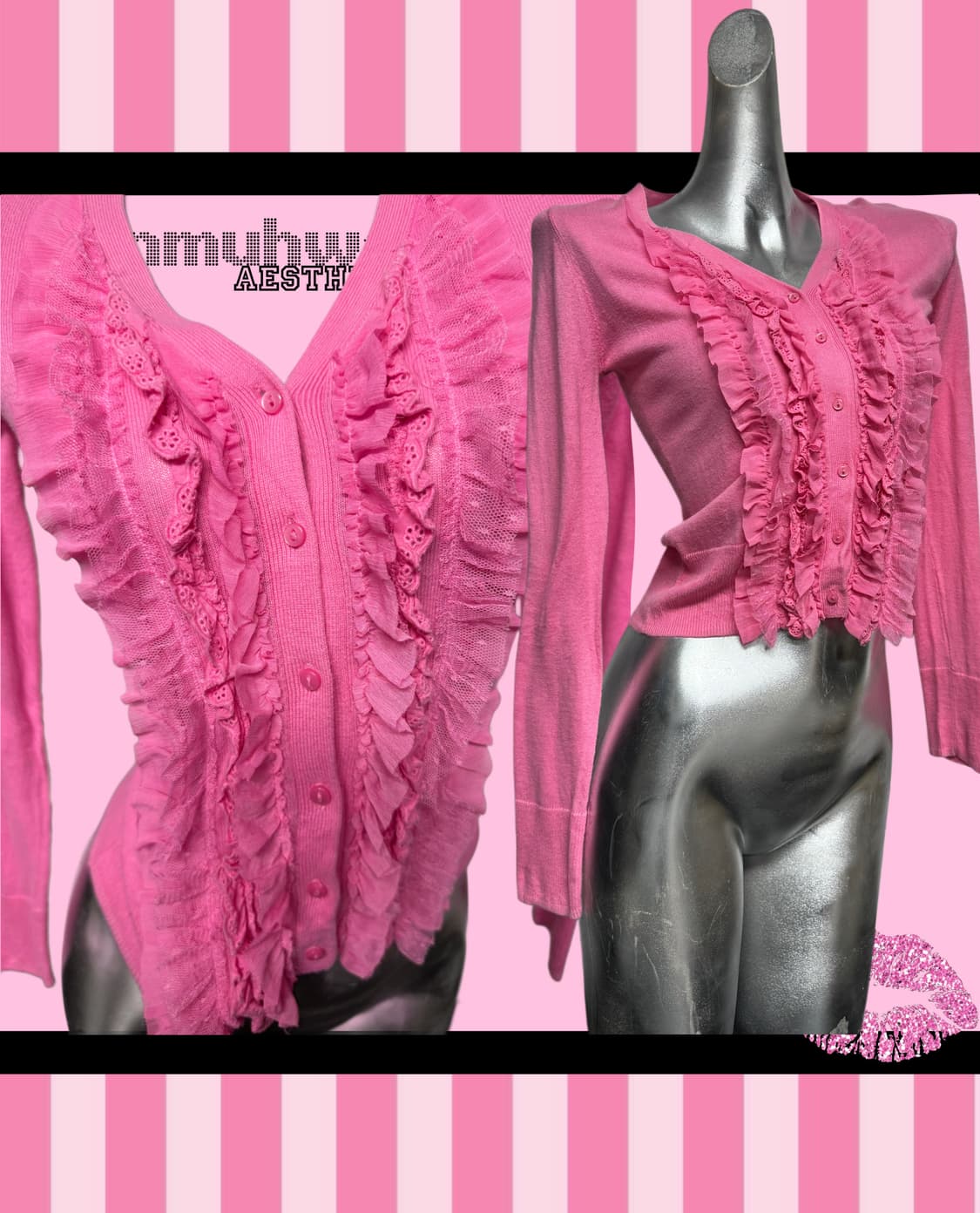 갸루 핑크 프릴레이스 가디건 상품이미지1