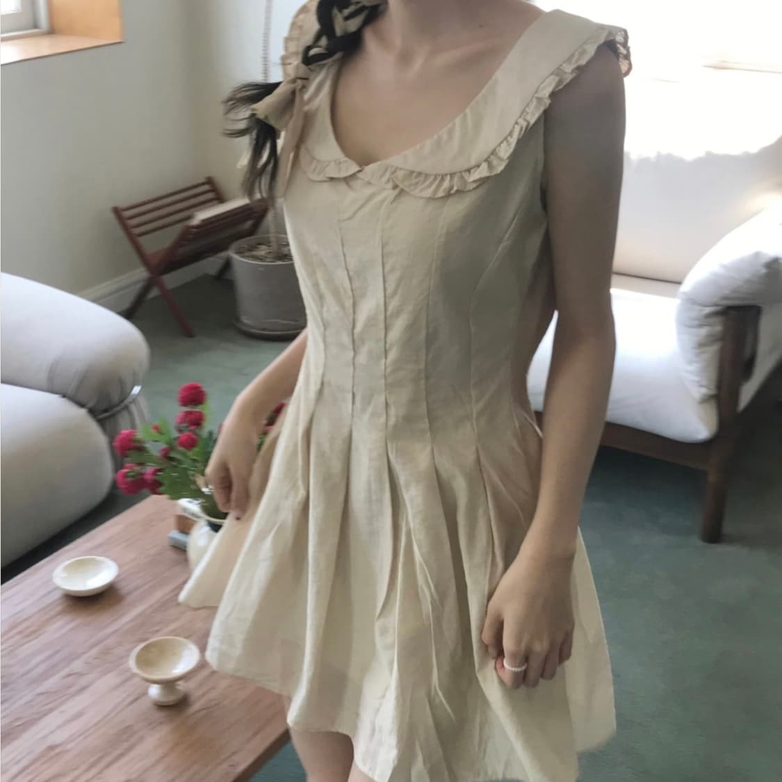 베이지 카라 프릴 원피스 상품이미지4