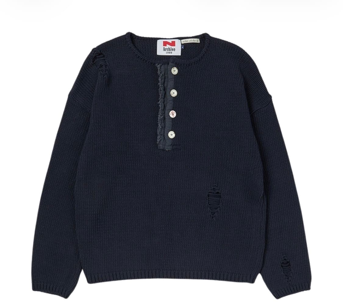 비욘드클로젯 아카이브 헤비 웨이트 코튼 데미지 디테일 헨리넥 니트 네이비 상품이미지1