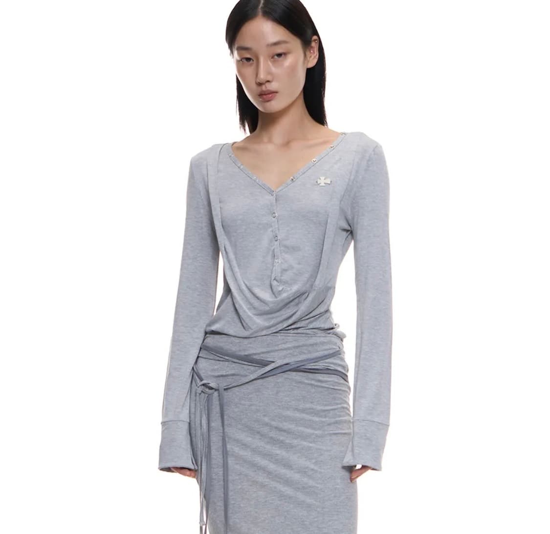 새상품) 2000아카이브스 드레이프드 헨리넥 탑 멜란지그레이 상품이미지1