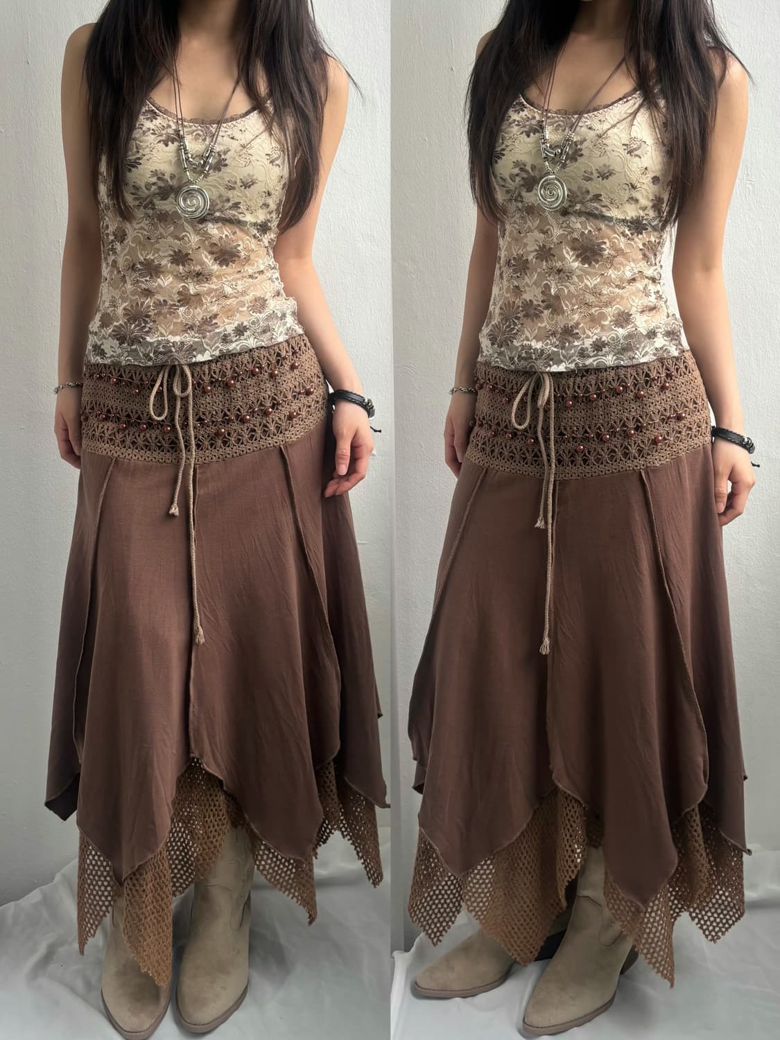 Brown Beaded Crochet Layered Skirt  상품이미지1