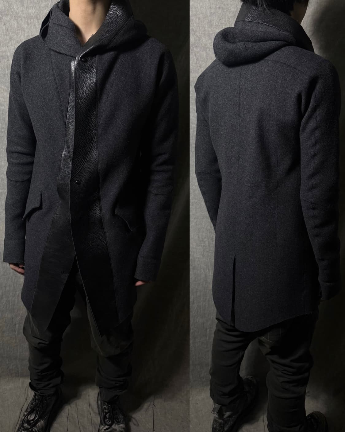 Zeitgeist Leather Trim Hooded Wool Coat  상품이미지1