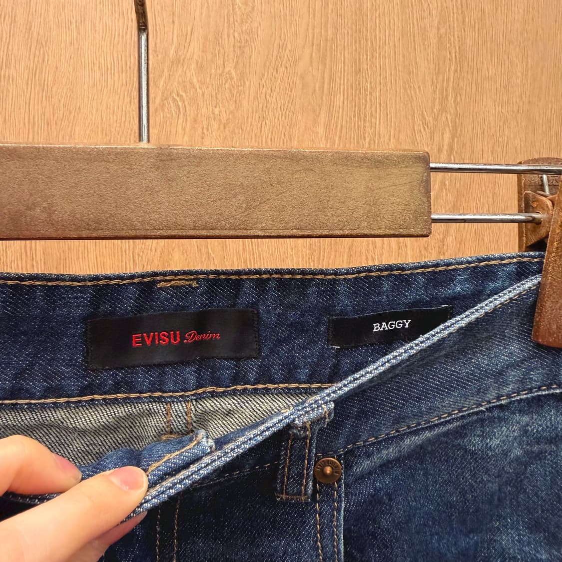 에비수 데님 팬츠 백 포켓 빅 가모메 캐릭터 자수 패치 배기핏 중청 상품이미지8