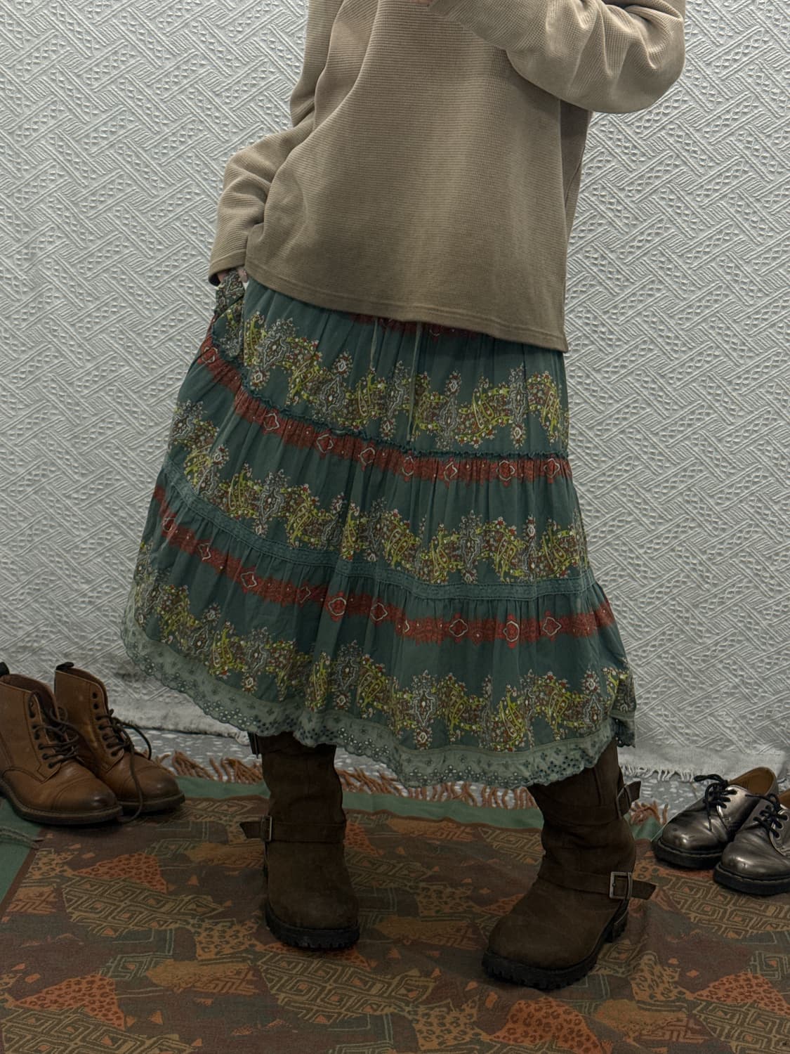 빈티지 코지 보헤미안 모리걸 에스닉 패턴 미디 롱스커트 K0159 상품이미지2