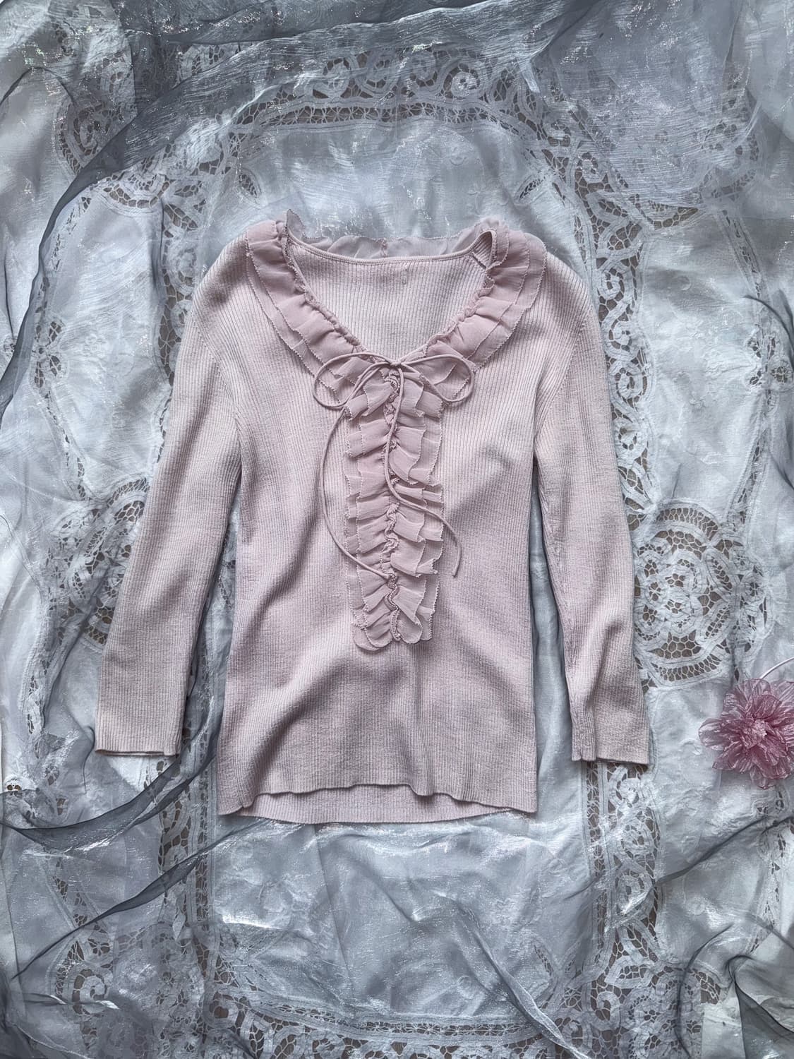 Chiffon Ruffled Ribbed Top 0130 상품이미지2