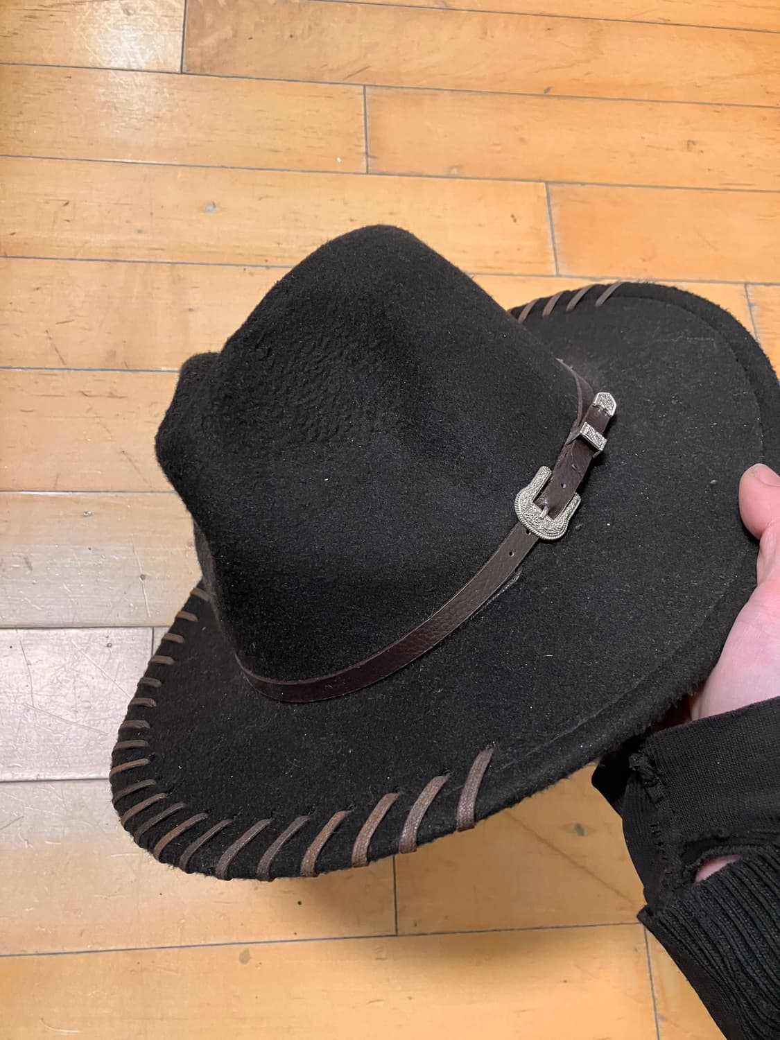 Japanese 90s 비대칭 레더 스티치 디테일 카우보이 모자 상품이미지6