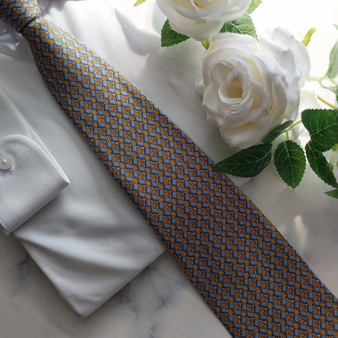 란셀 실크 블루&골드 자카드 넥타이 9.6cm A+~A등급 K1488
 상품이미지8