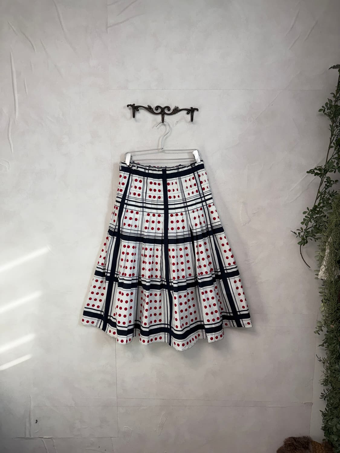Red navy dot check pleats skirt 상품이미지3