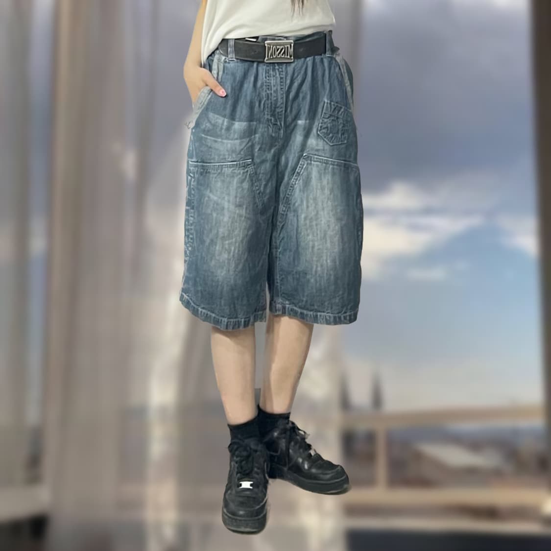 아일렛 디테일 데님 힙합팬츠 상품이미지1