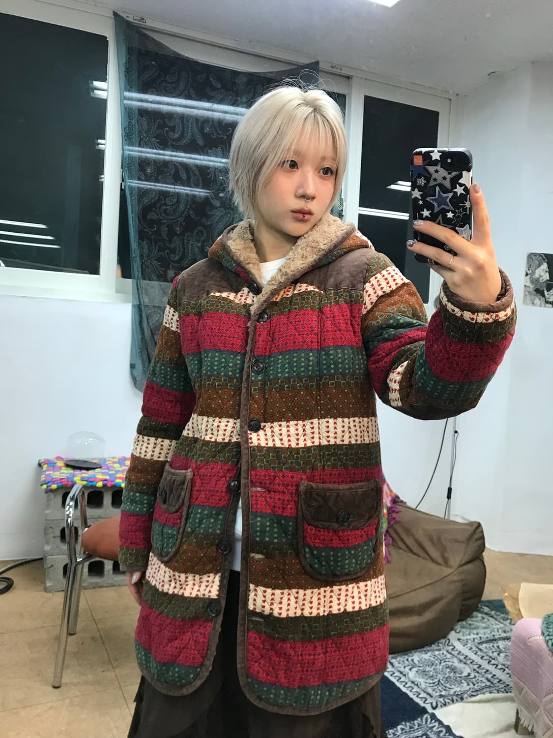 빈티지 패턴 양털 기모 엘보패치 롱 점퍼  상품이미지2