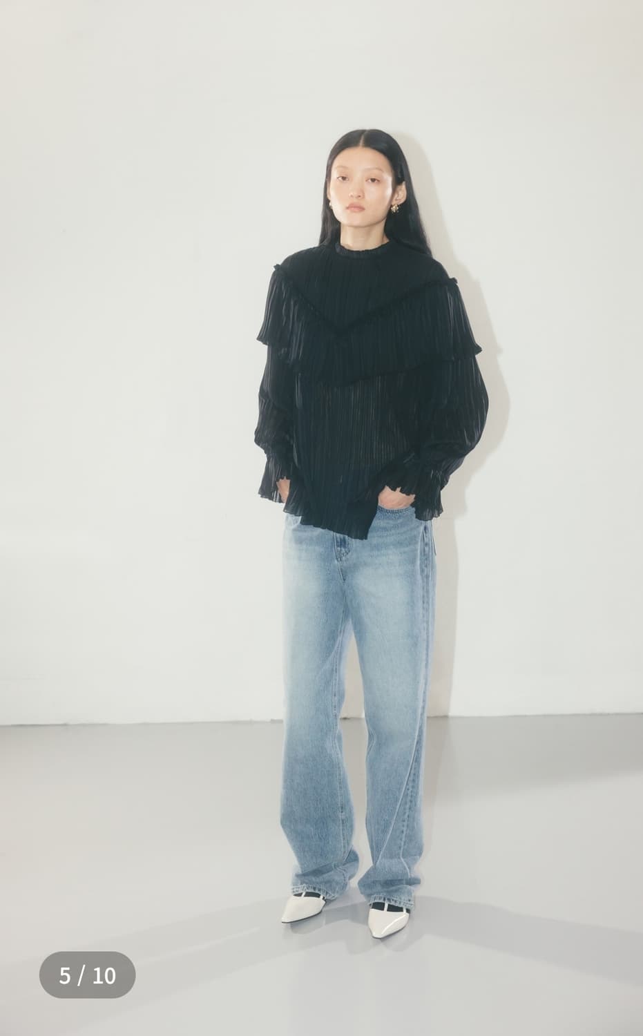 ORR 오르 세일 플리츠 러플 블라우스 블랙 M 새제품 상품이미지3