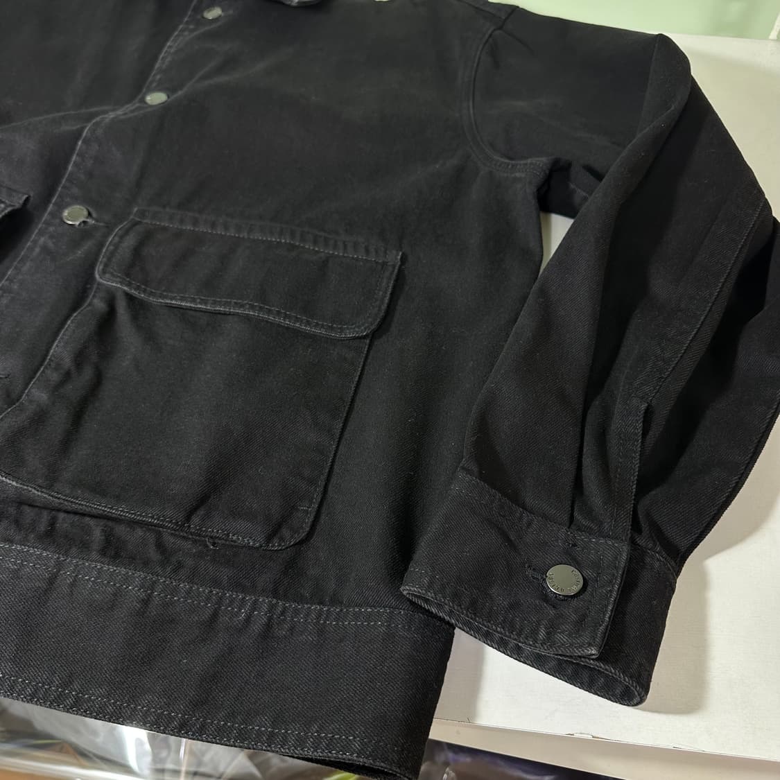 XL 커스텀어클락 오버핏 빈티지블랙 워시드 워크 데님 트러커자켓 상품이미지2
