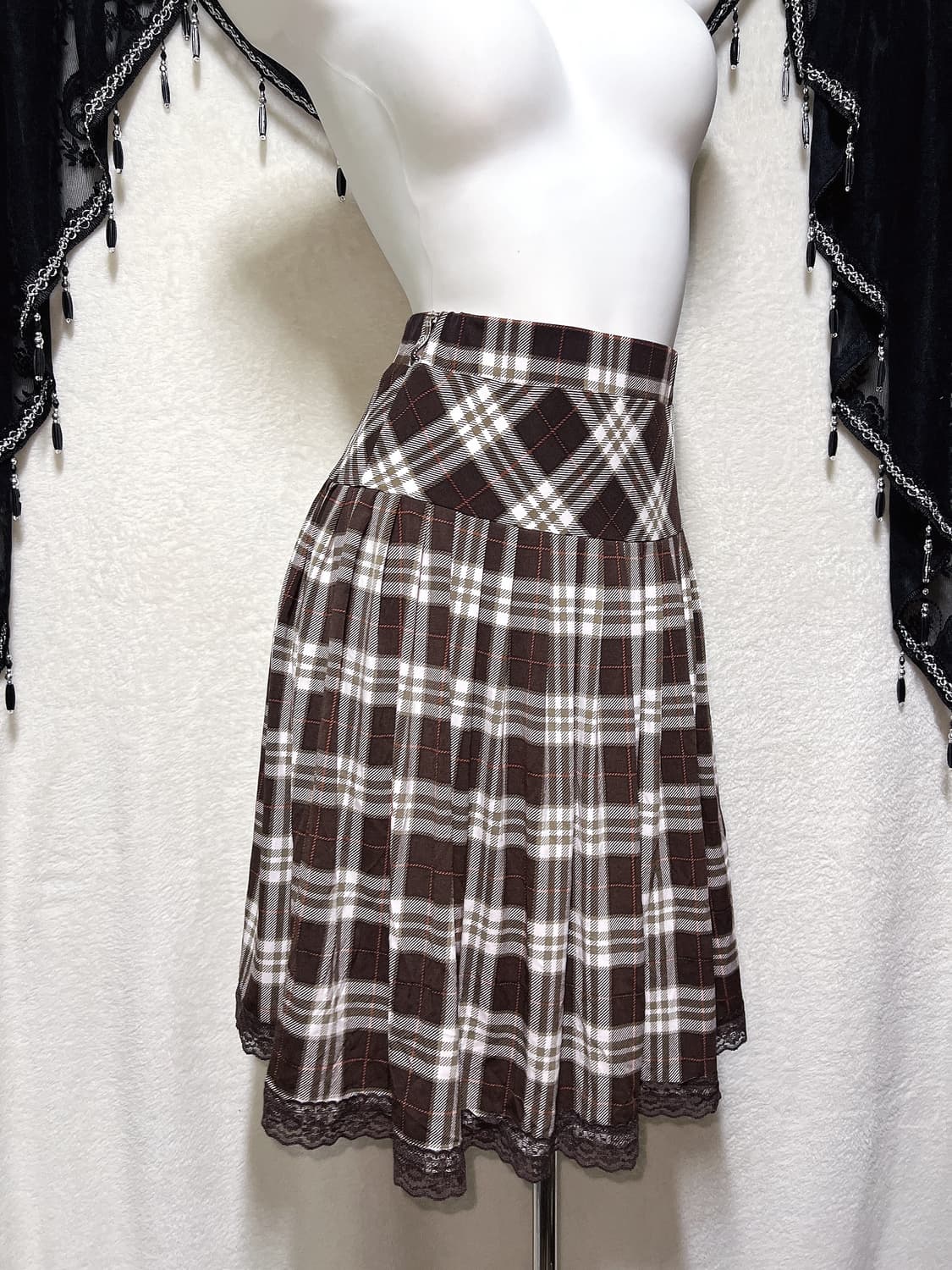라떼갸루 엑팜깔 브라운 레이스 체크 플리츠스커트 치마 로맨틱 핀터 모리 상품이미지1