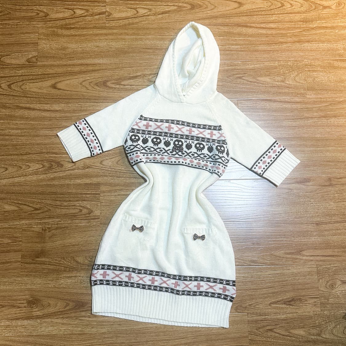 빈티지 딸기초코 핑크 브라운 화이트 해골 니트 원피스 히메갸루 로걀 라떼 상품이미지1