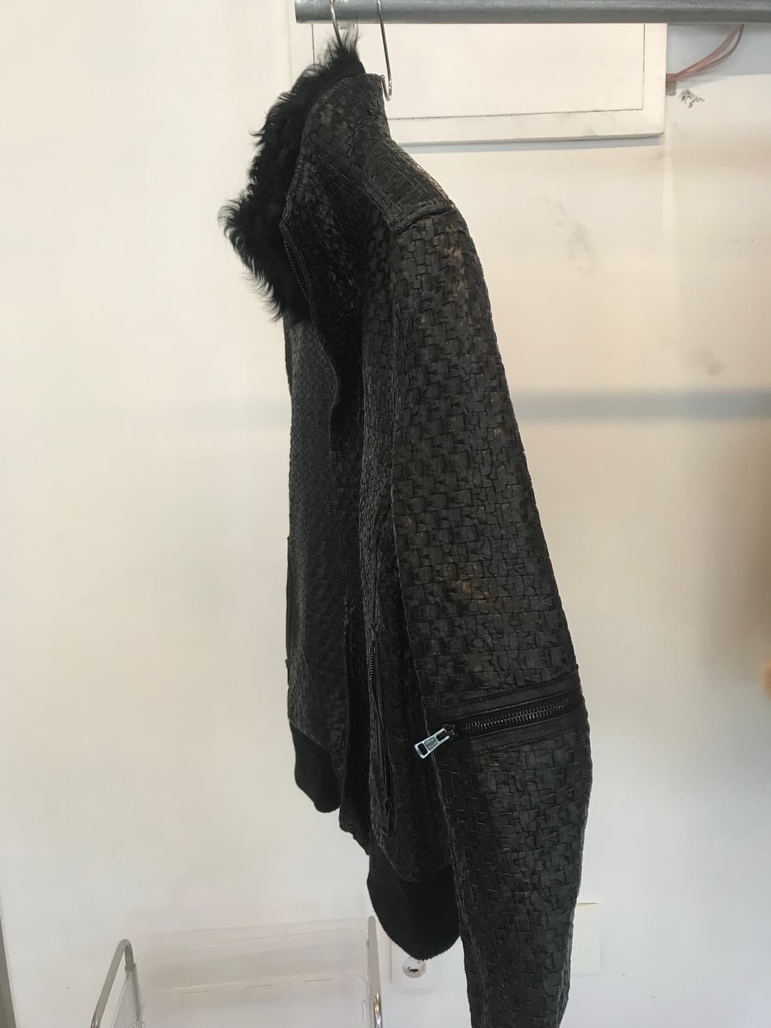 Woven Fur-Collar Leather Moto Jacket 상품이미지2