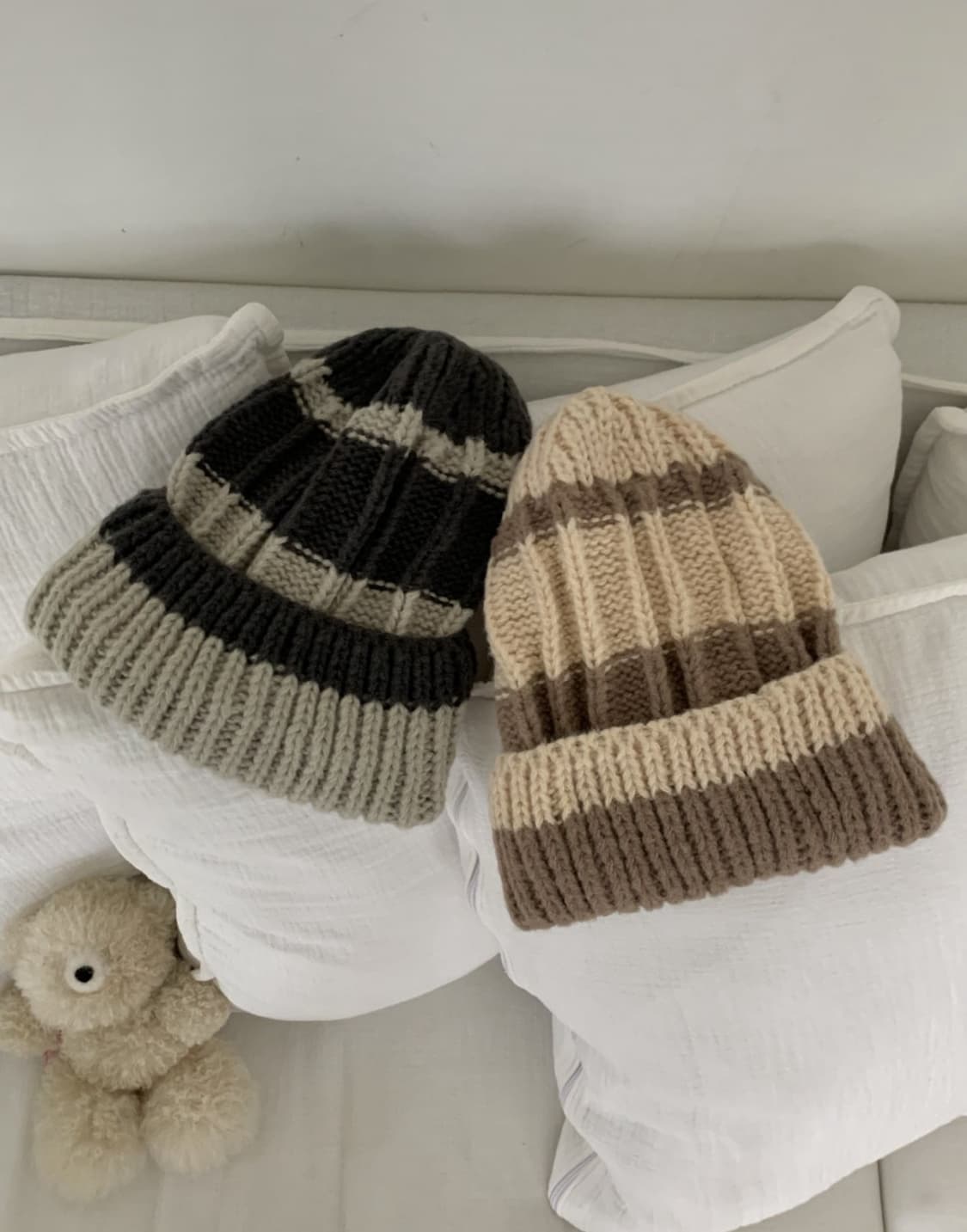 줄무늬 왕골지 배색 니트 비니 모자 (새상품) 상품이미지1