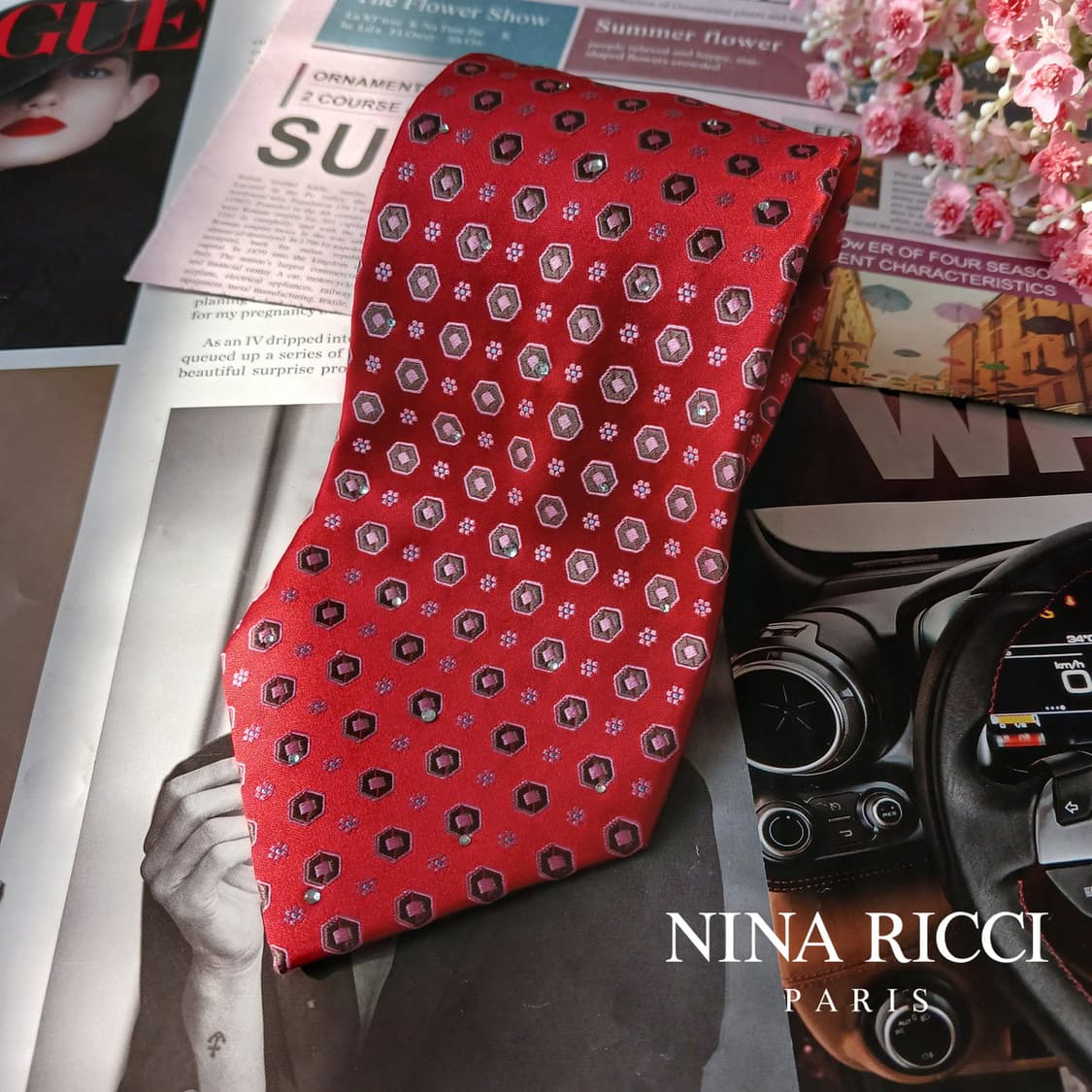 니나리치 실크 레드 패턴 넥타이 9.6cm A+등급 A19837 상품이미지2