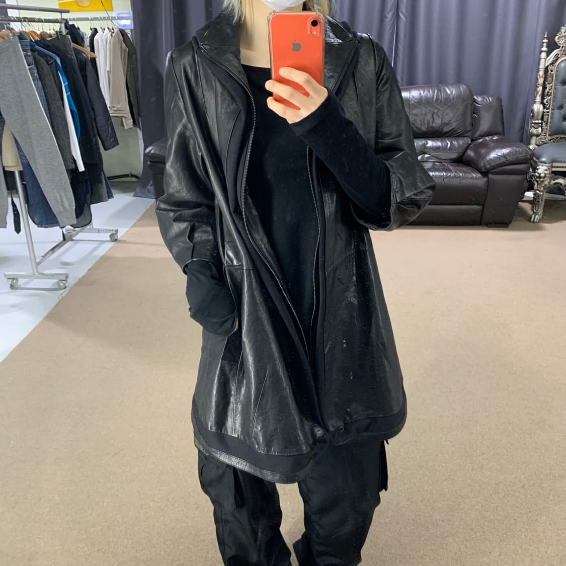 빈티지 블랙 리얼레더 후드st 집업 배색 롱 양가죽자켓 남녀공용 하프코트 상품이미지1