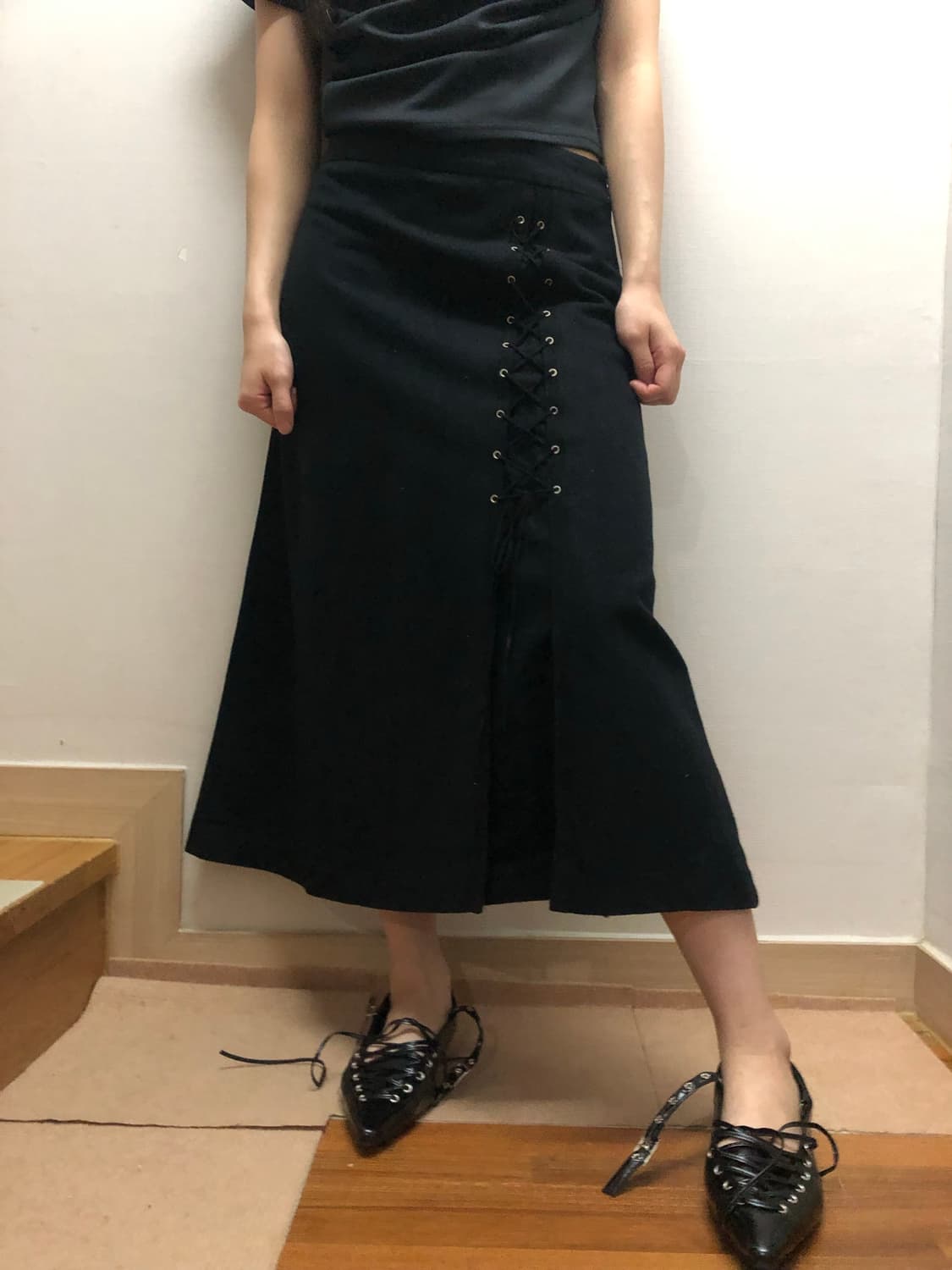 빈티지 블랙 아일렛 울 롱 스커트 상품이미지4