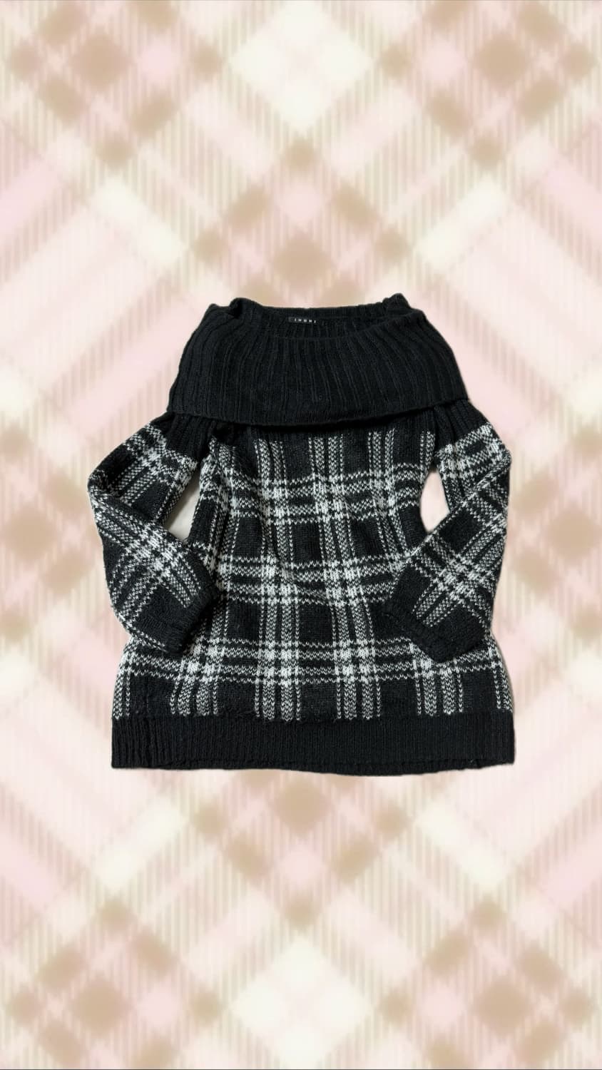 잉그니 블랙 체크 오프숄더 니트 라떼 히메 오네 갸루 러블리 로걀 빈티지 상품이미지1