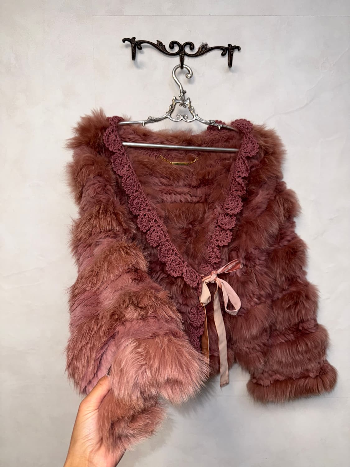 Rose pink rabbit&fox fur crochet wrap jk 상품이미지2