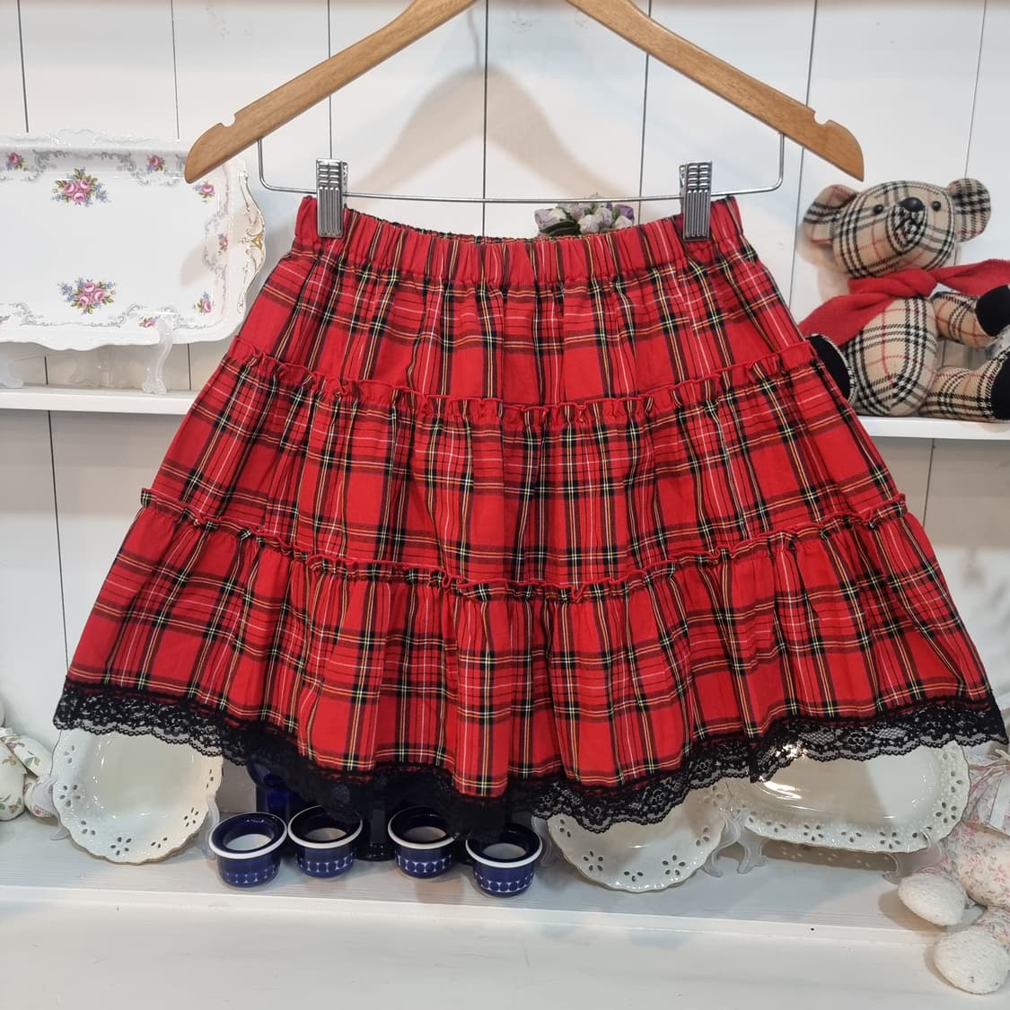 레드 타탄 체크 레이스 프릴 스커트 상품이미지1