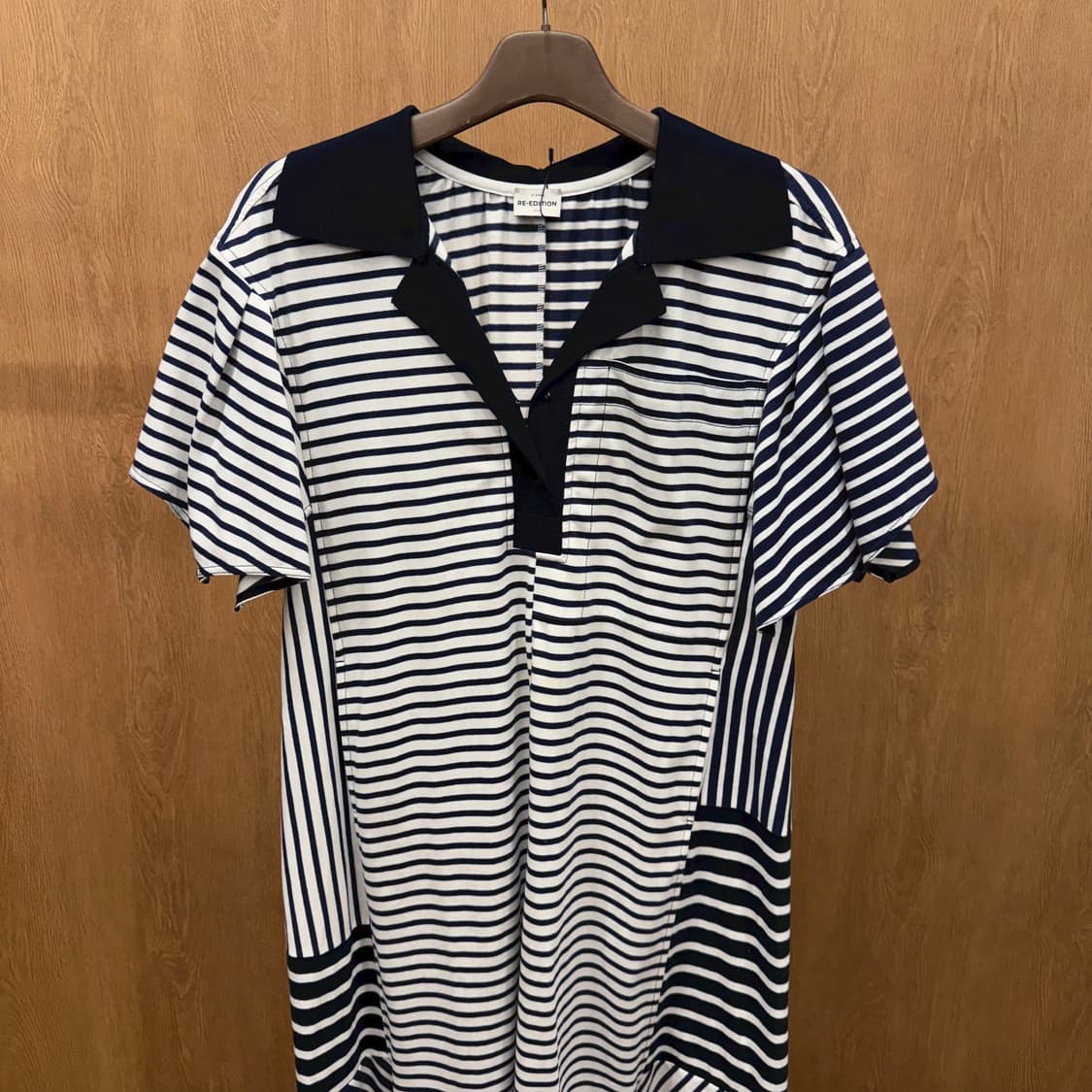 시스템 리에디션 반팔 원피스 스트라이프 패치워크 배색 네이비 화이트 상품이미지4