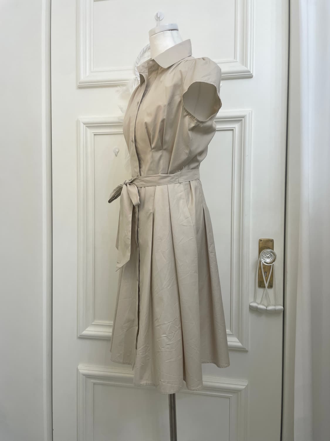 beige shirring pleats french sleeve belt 상품이미지2
