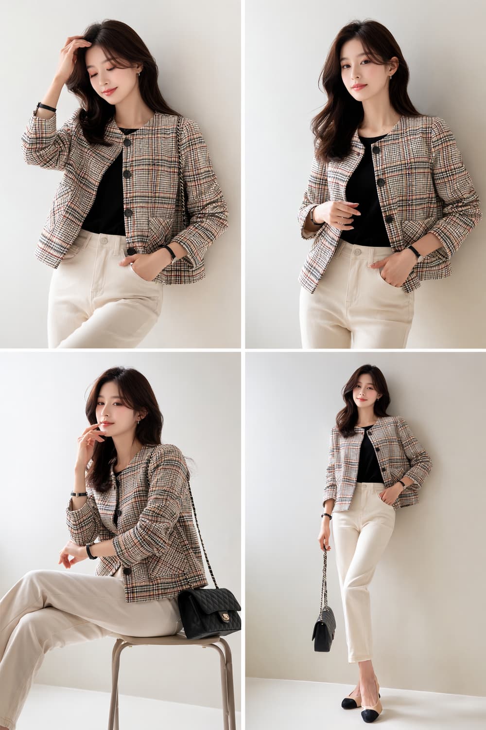 미쏘(MIXXO) 노칼라 라운드 체크 트위드 자켓 상품이미지1