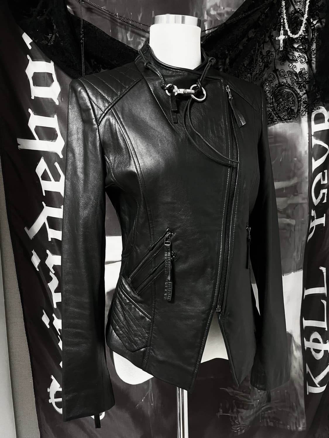 ITALY Sheepskin 릭오웬스맛 비대칭사선지퍼 슬림 레더자켓 블랙 상품이미지1