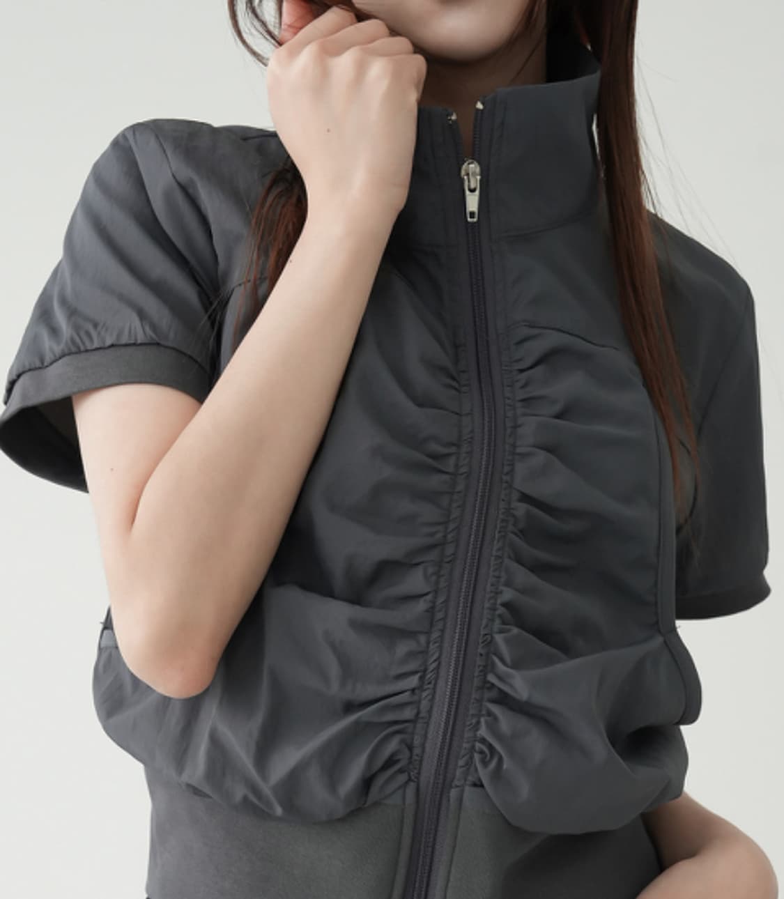 y2k 나일론 셔링 반팔 집업 상품이미지1