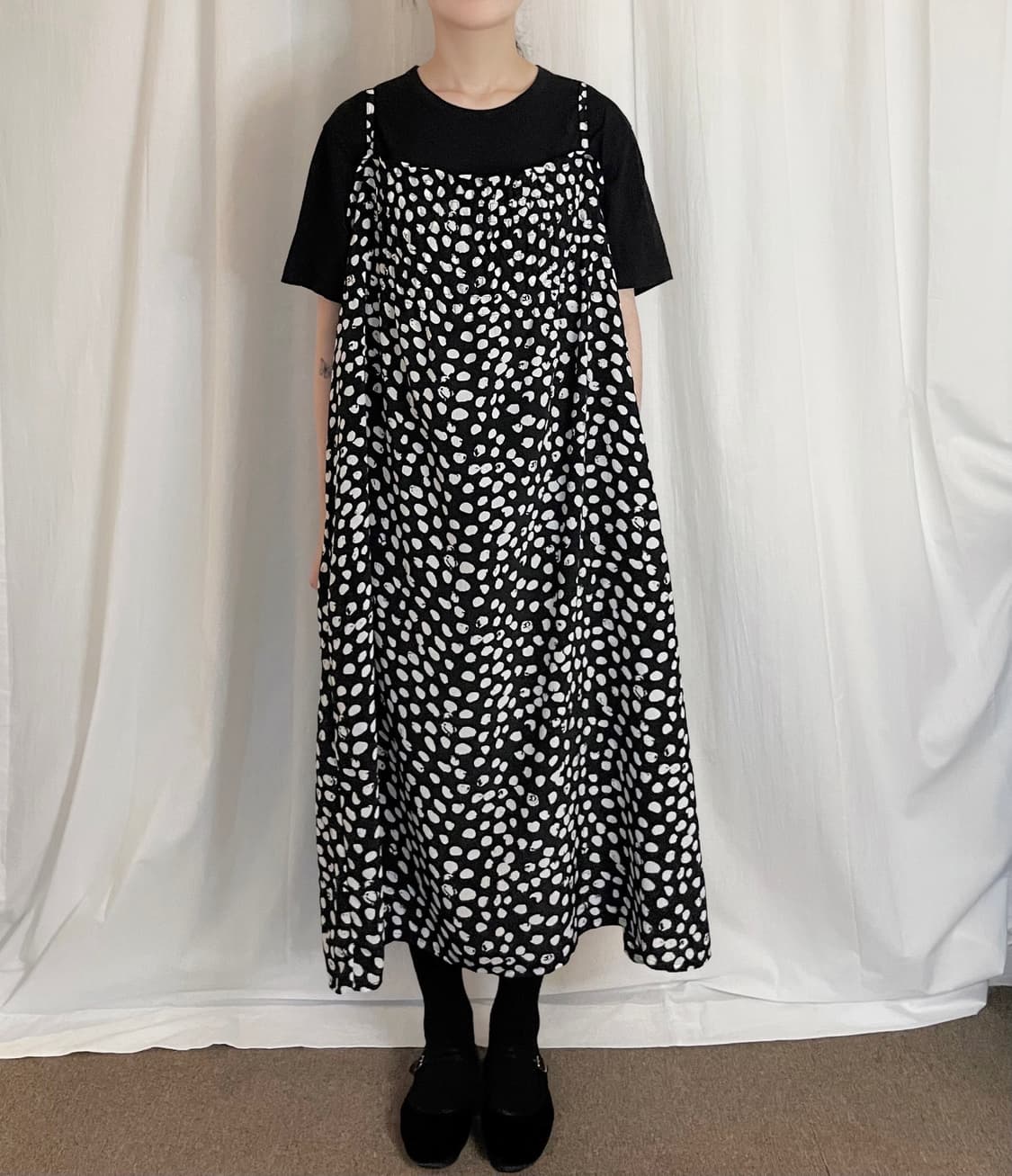 Abstract Dot Shirring Long Dress - Black 상품이미지2