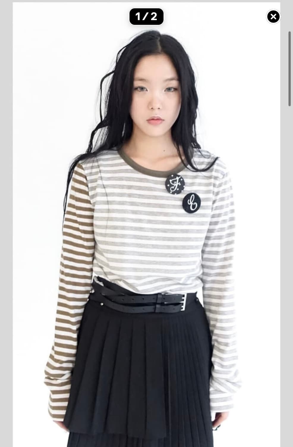 샵페어리 스트라이프 핀버튼 티 롱카키 상품이미지1