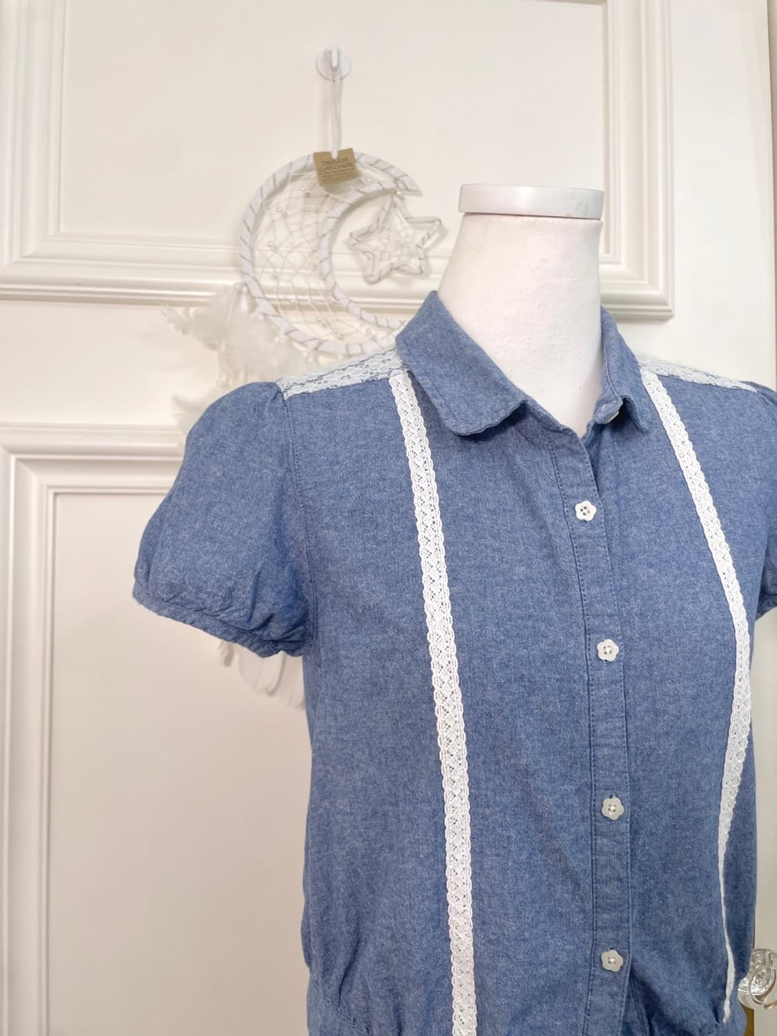 denim lace detail puff sleeve bow shirt 상품이미지6