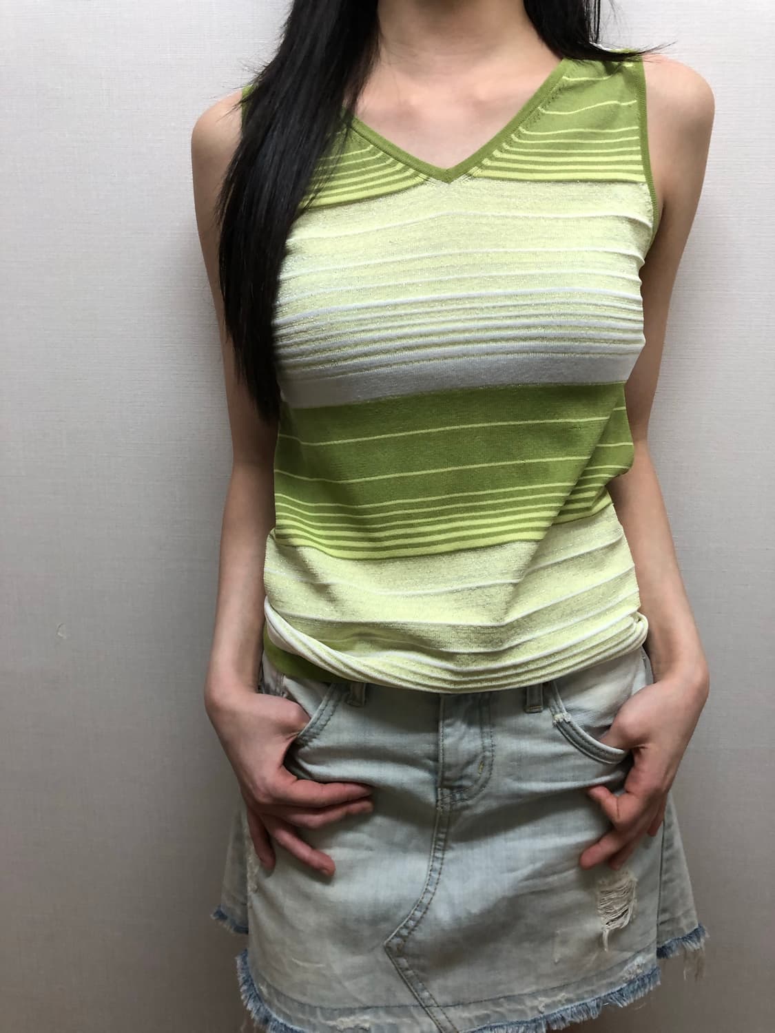 빈티지 그린 스트라이프 글리터 슬리브리스 상품이미지1