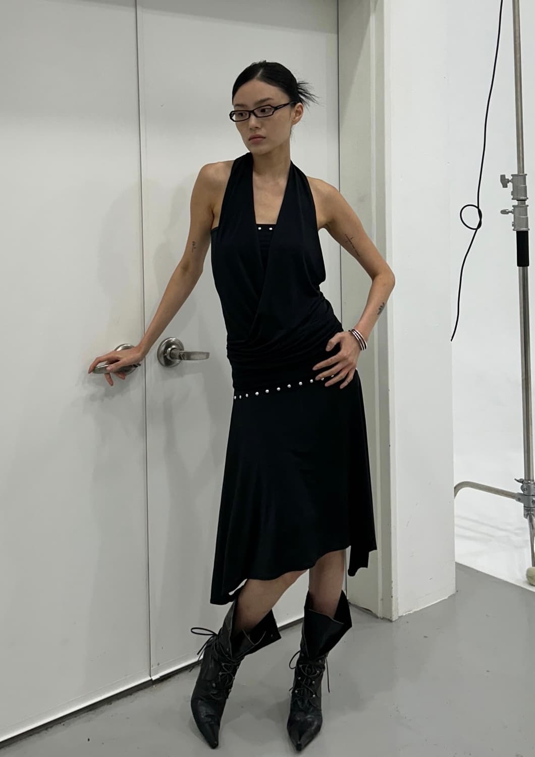 Kashiko Stud Drape Flare Skirt Black 상품이미지1
