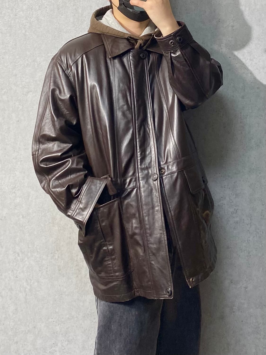 [105] 90s SCALA Paris 브라운 양가죽 레더 코트 상품이미지2