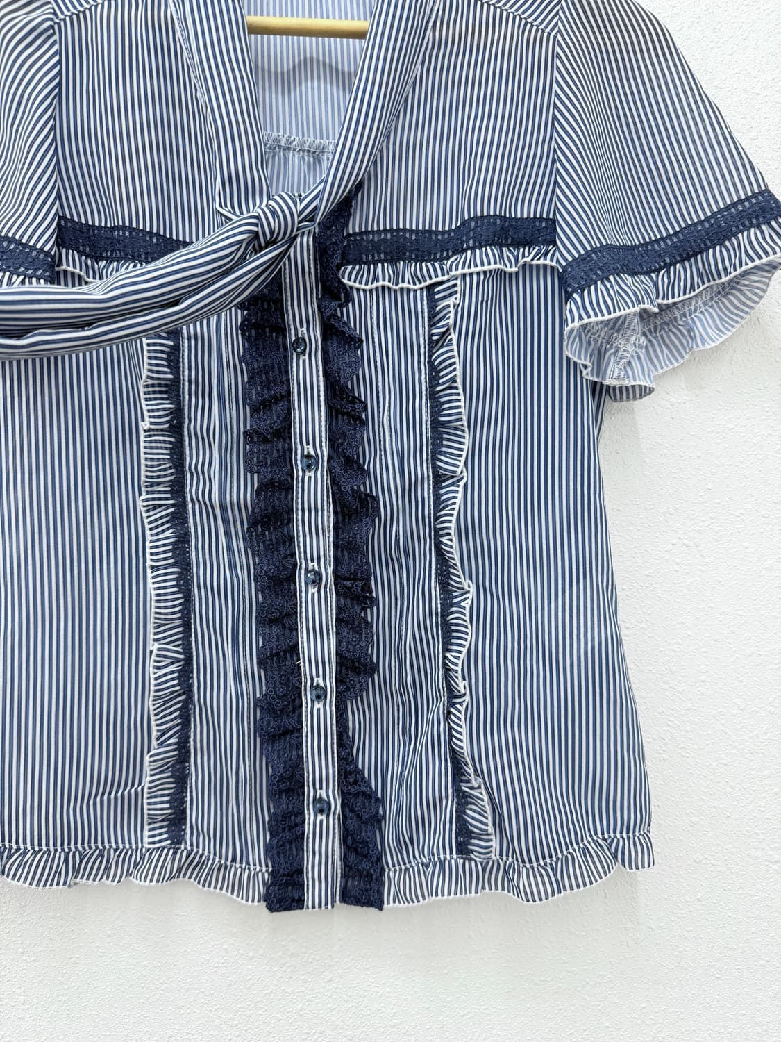 빈티지 Axes Femme 블루 스트라이프 리본 레이스 블라우스 상품이미지4