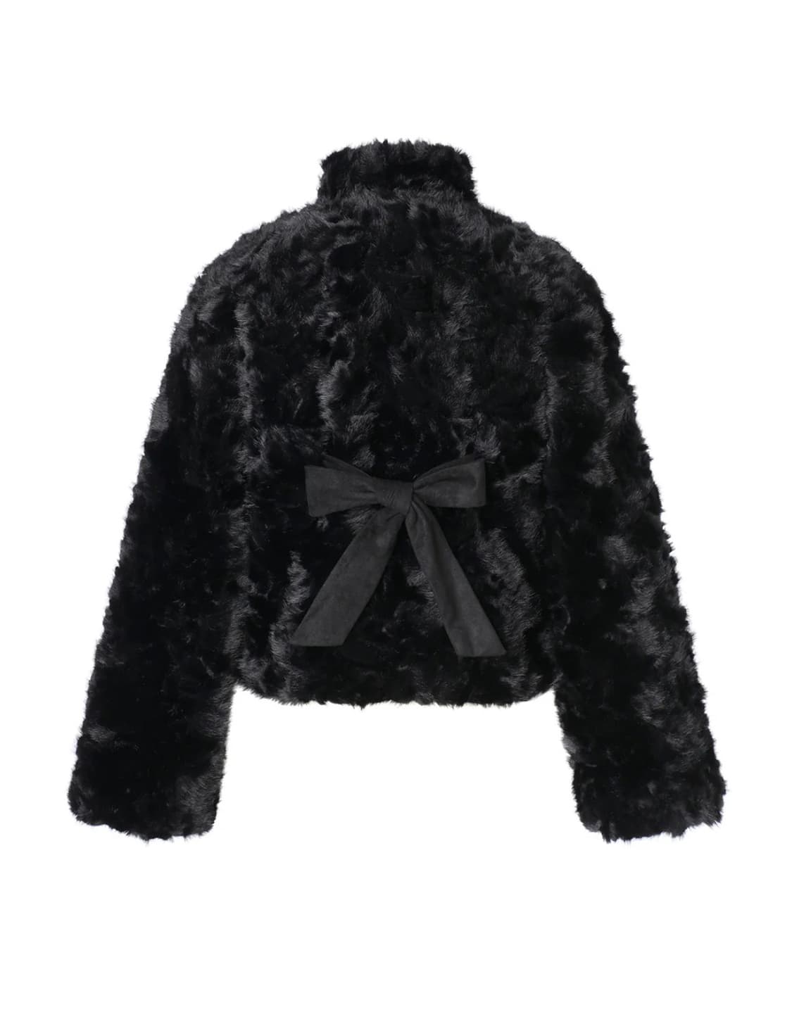 쓰리타임즈 리본 타이 퍼 자켓 - 블랙 상품이미지2