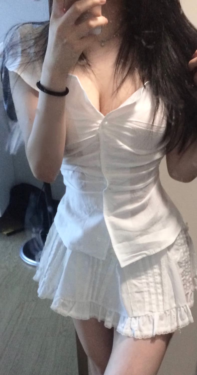 아이보리 셔링 쉬폰 블라우스 리본 끈 스트랩 상품이미지4