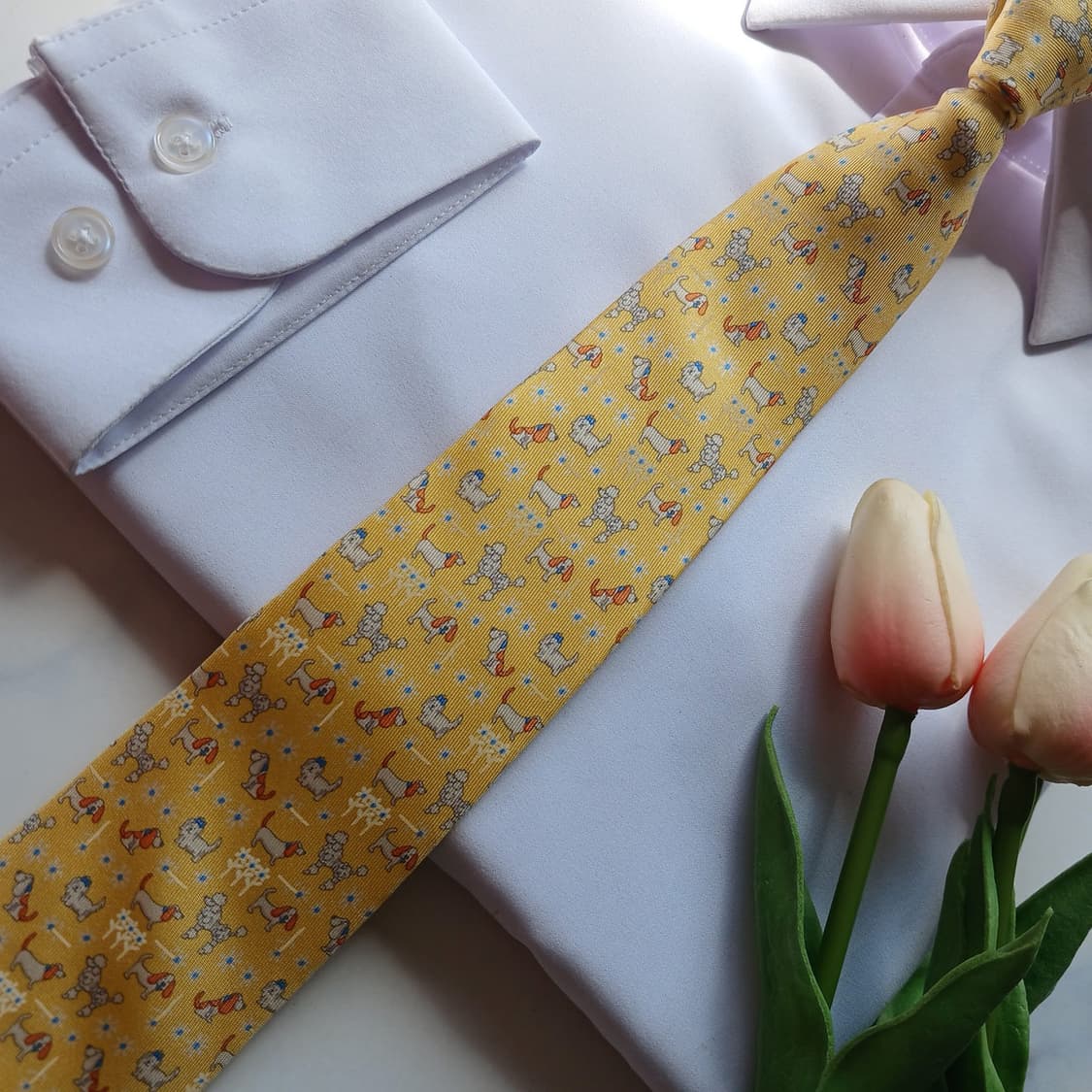 살바토레 페라가모 옐로우 강아지 모티브 넥타이 8.8cm A+등급 G23 상품이미지6