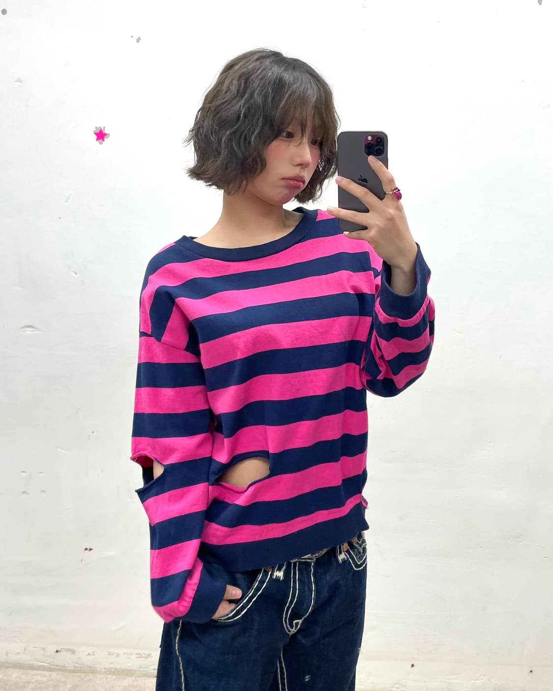 slit pink striped long sleeve 상품이미지1