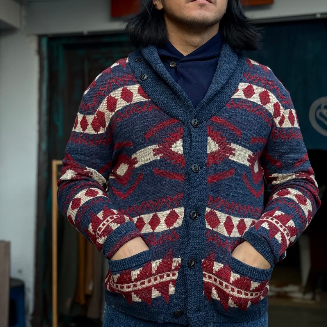 데님앤서플라이 치마요 패턴 숄카라 가디건 M 상품이미지8