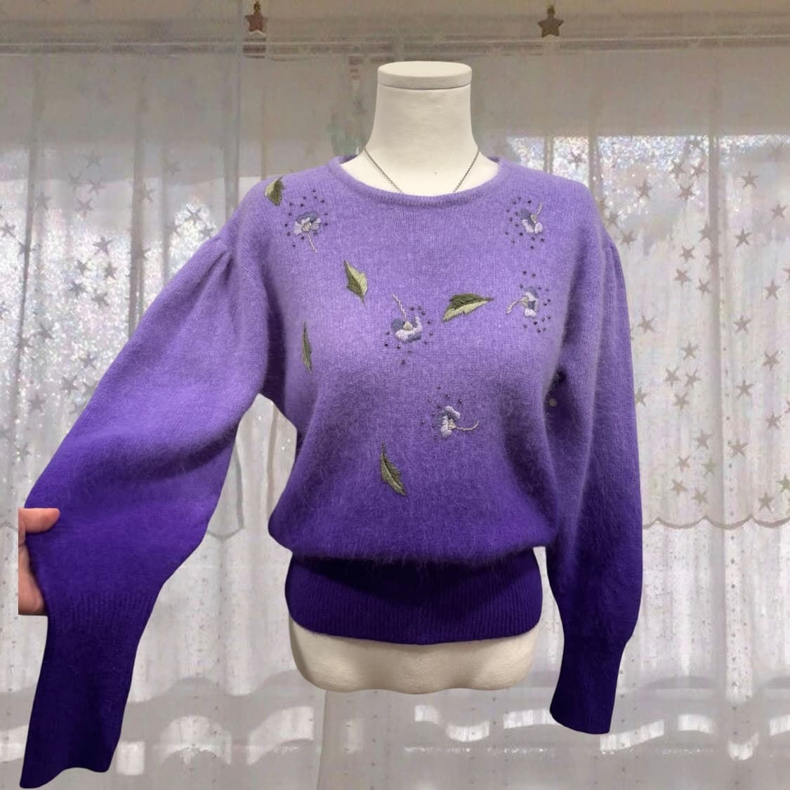 일본 빈티지 앙고라 그라데이션 자수 퍼프 니트 상품이미지4