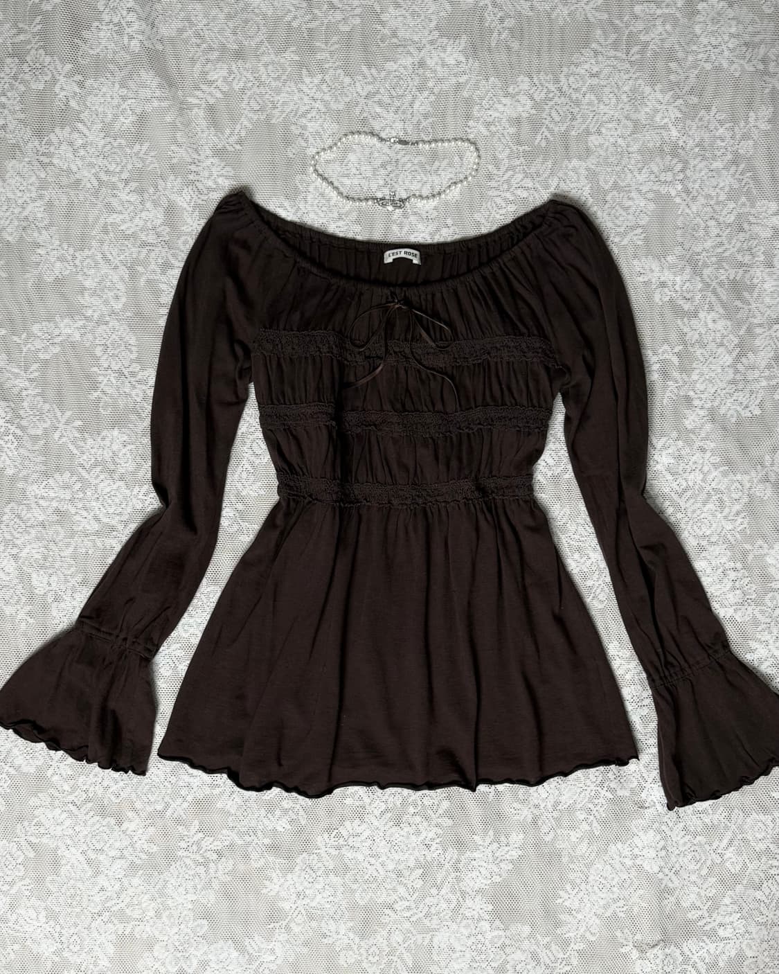 레스트로즈 브라운 밴딩 리본 블라우스 상품이미지1