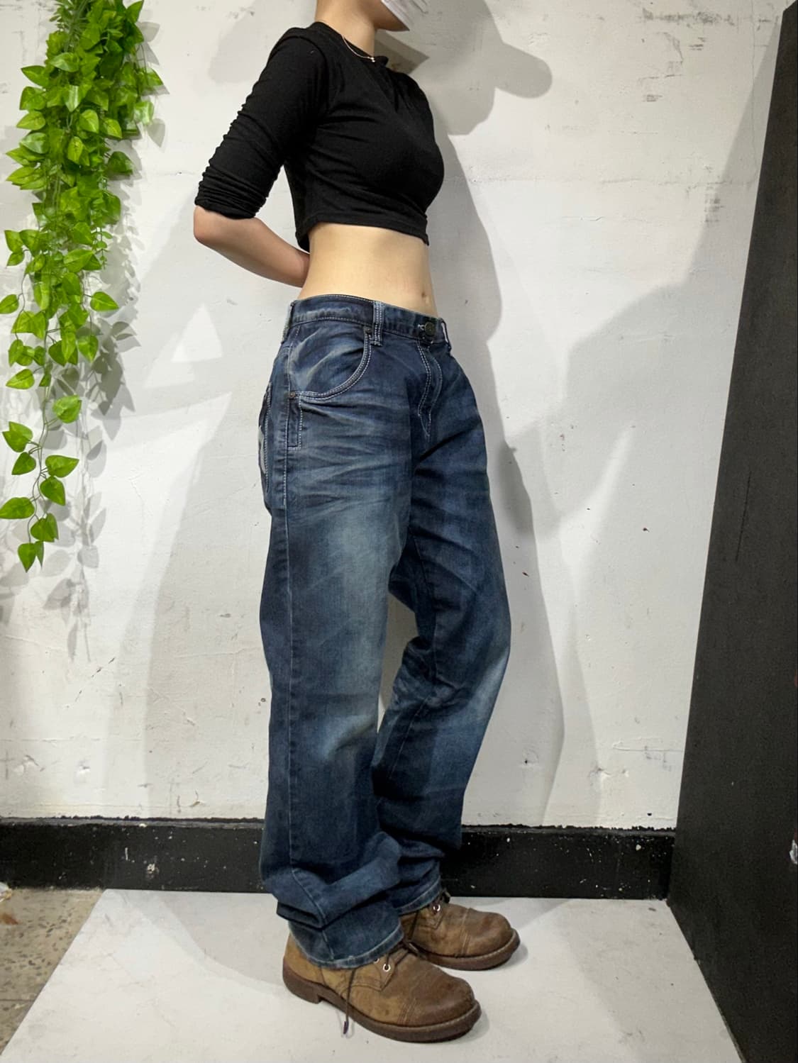 에비수 진청 워싱 와이드 자수 데님 팬츠 힙합 새깅 청바지 상품이미지2