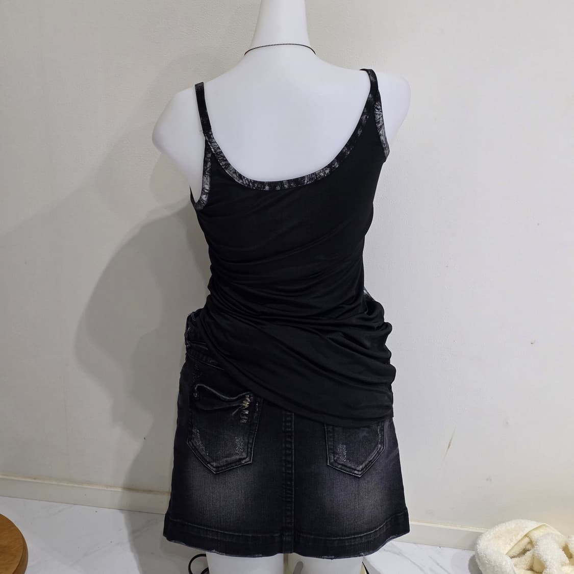 일본 아메리칸 빈티지)오네갸루 메탈데미지y2k블랙슬리브리스데님치마코디세트 상품이미지3