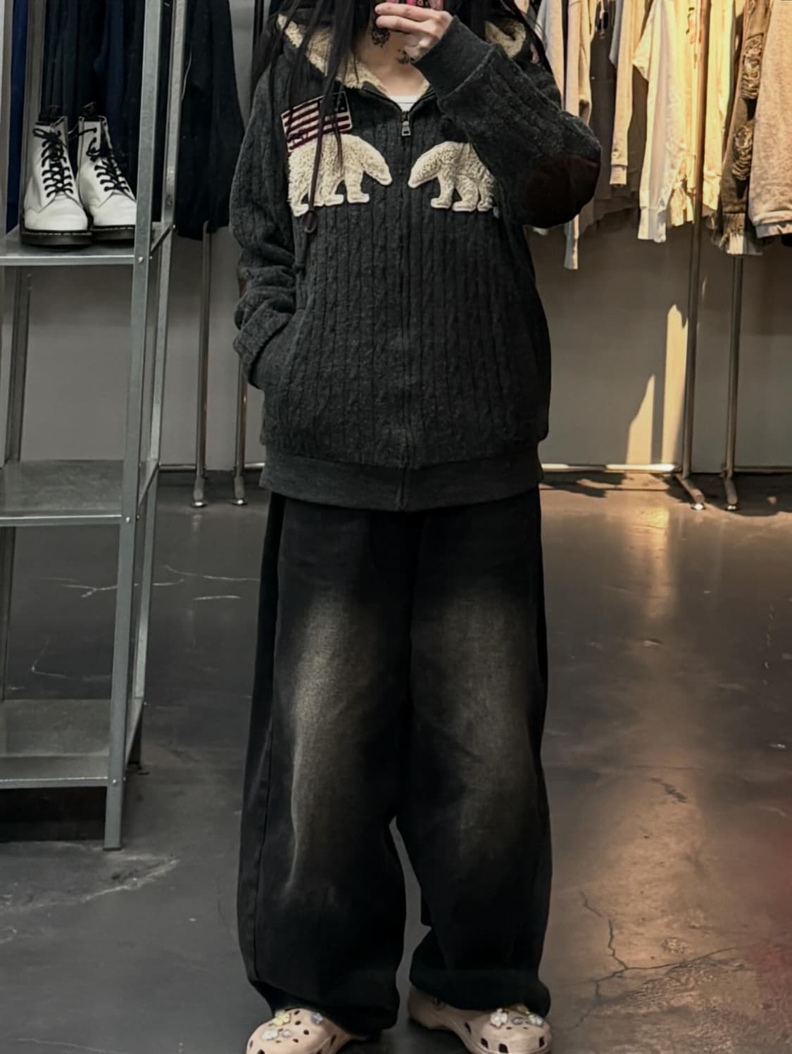 지프 곰패치 성조기 니트 후드집업 A3636 상품이미지1