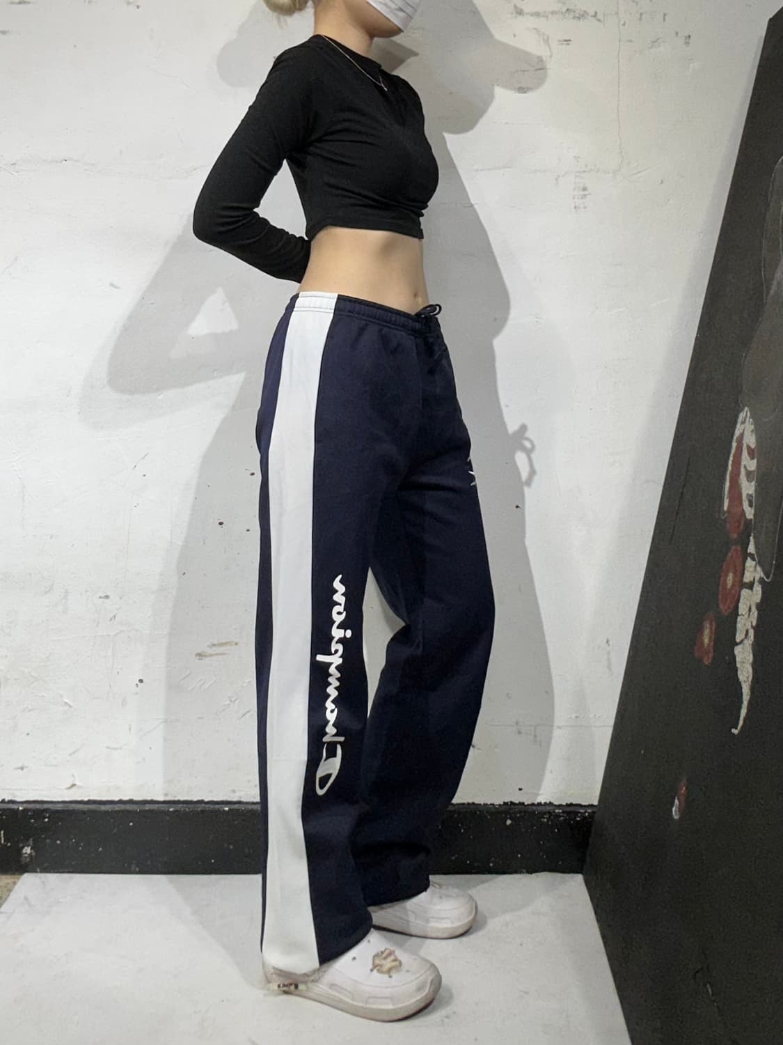 챔피온 네이비 와이드 사이드 로고 화이트 트레이닝 팬츠 추리닝 바지  상품이미지1