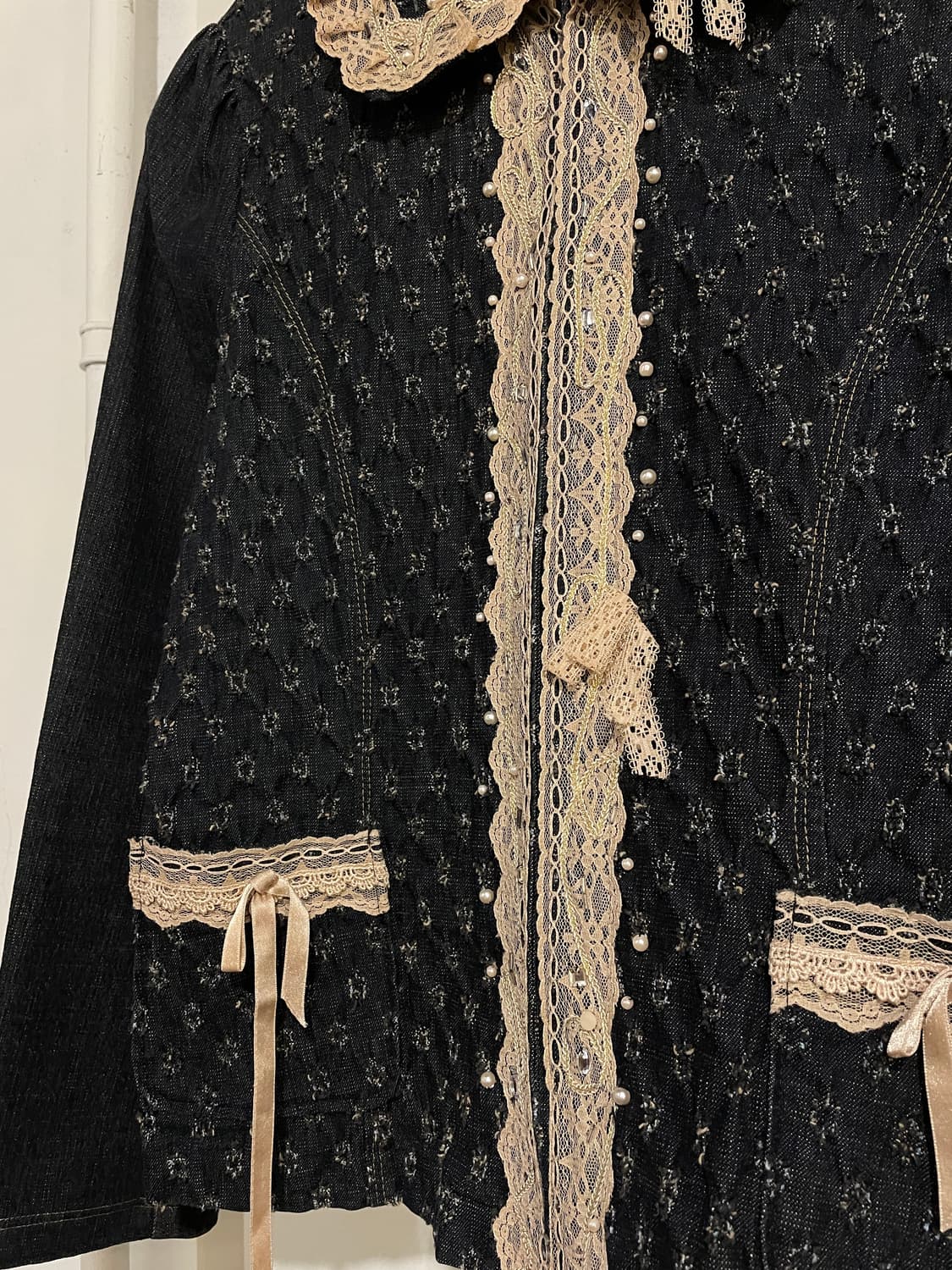 플라워 데미지 패턴 레이스 펄 데님 자켓 모리 러블리 오리엔탈 상품이미지3